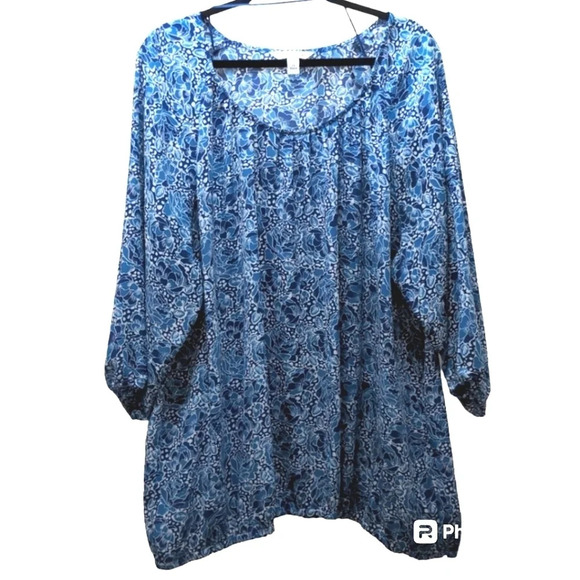 Croft & Barrow Women's Blue and White Floral 3/4 Length Sleeves Blouse Size 3X - Picture 1 of 8